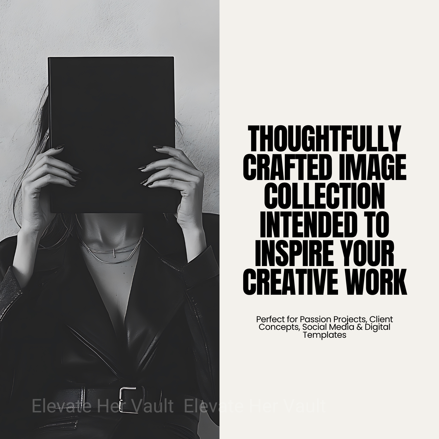 Person holding a black book over their face with text about a thoughtfully crafted image collection.