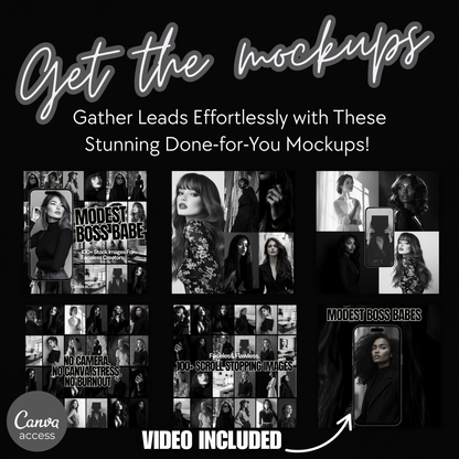 Promotional graphic for 'Modest Boss Babe' mockups with text and images on a black background.