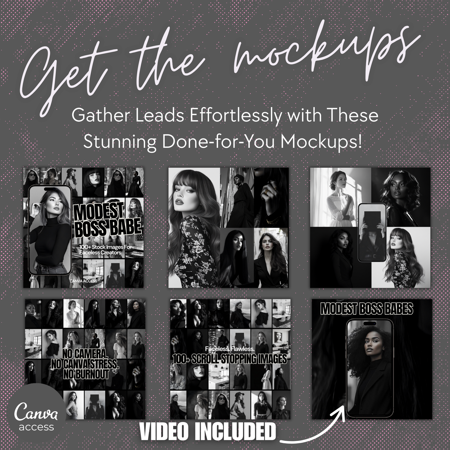Promotional graphic for 'Modest Boss Babe' mockups with text and images on a black background.