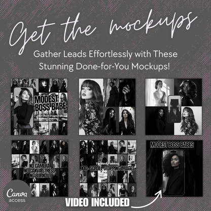 Promotional graphic for 'Modest Boss Babe' mockups with text and images on a black background.