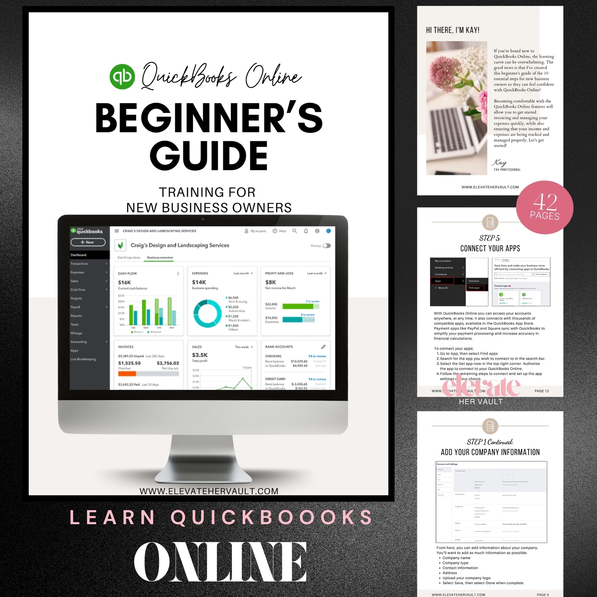 Editable QuickBooks guide, online accounting training, beginner bookkeeping steps, financial eBook QuickBooks, learn to invoice in QuickBooks, bookkeeping checklist, QuickBooks how-to guide, new business financial help, QBO workbook, money management for startups, www.elevatehervault.com